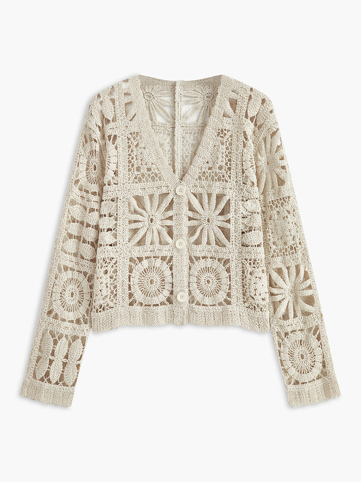 Cardigan à Boutons avec Motif Carré au Crochet