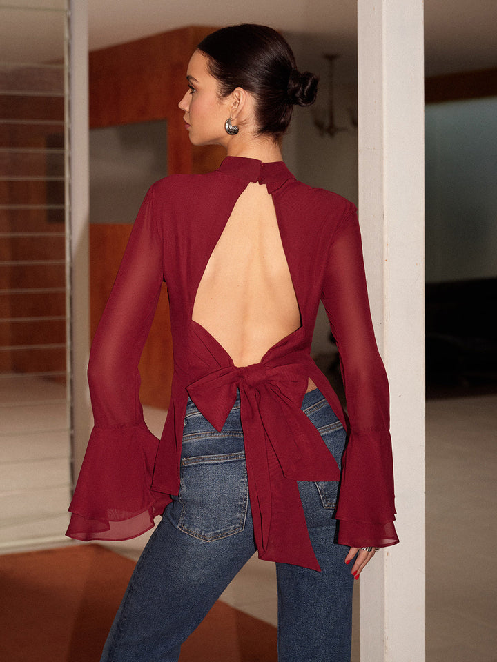 Chemise en mousseline sans dos à col montant avec nœud