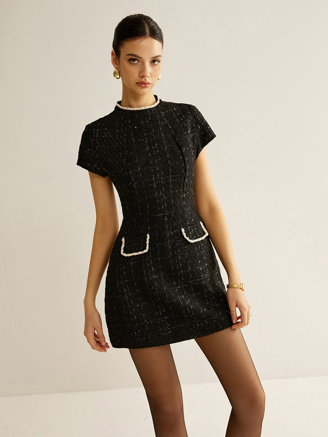 Robe Tweed Manches Courtes Élégante