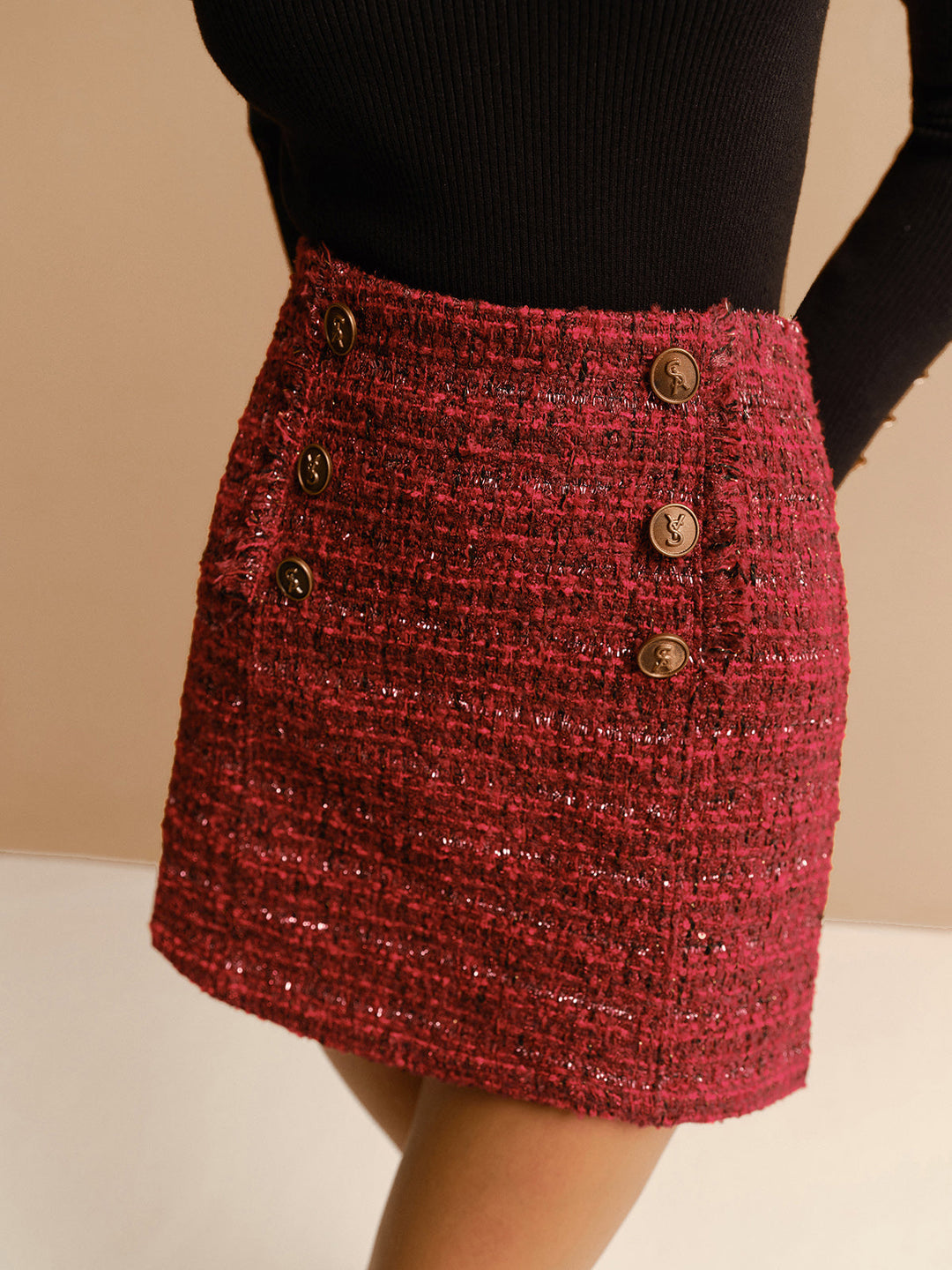 Jupe Courte Tweed Taille Mi-Haute avec Fermeture Éclair
