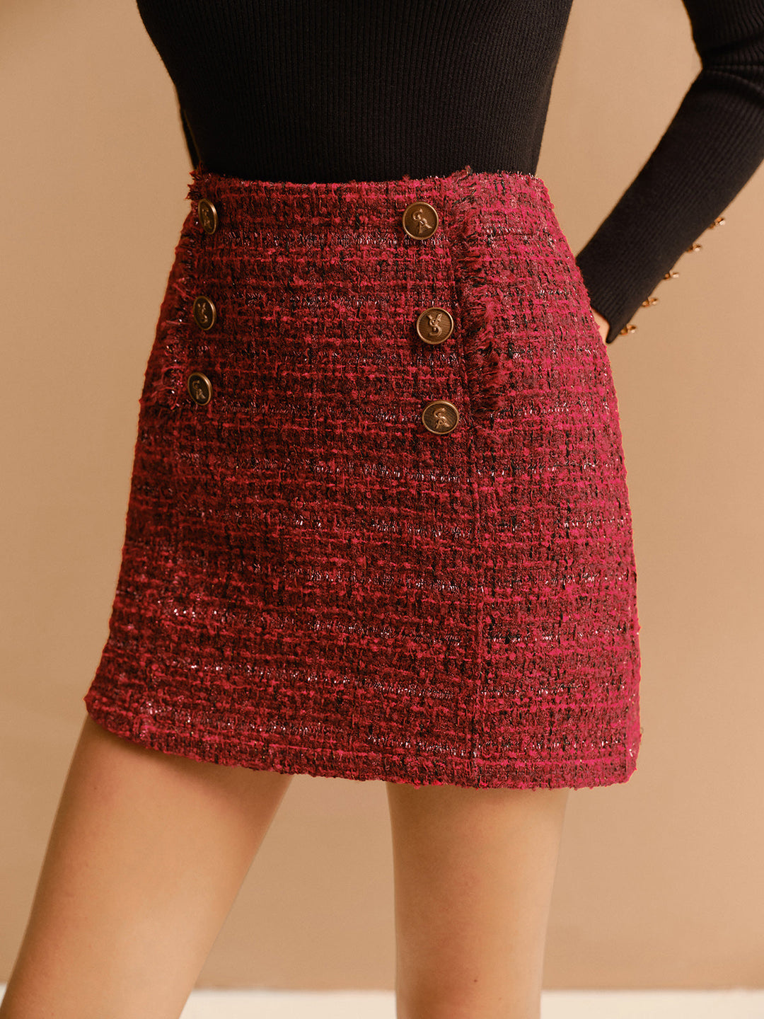 Jupe Courte Tweed Taille Mi-Haute avec Fermeture Éclair