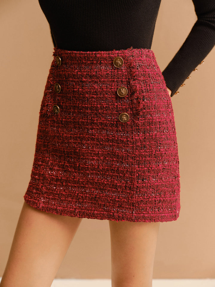 Jupe Courte Tweed Taille Mi-Haute avec Fermeture Éclair