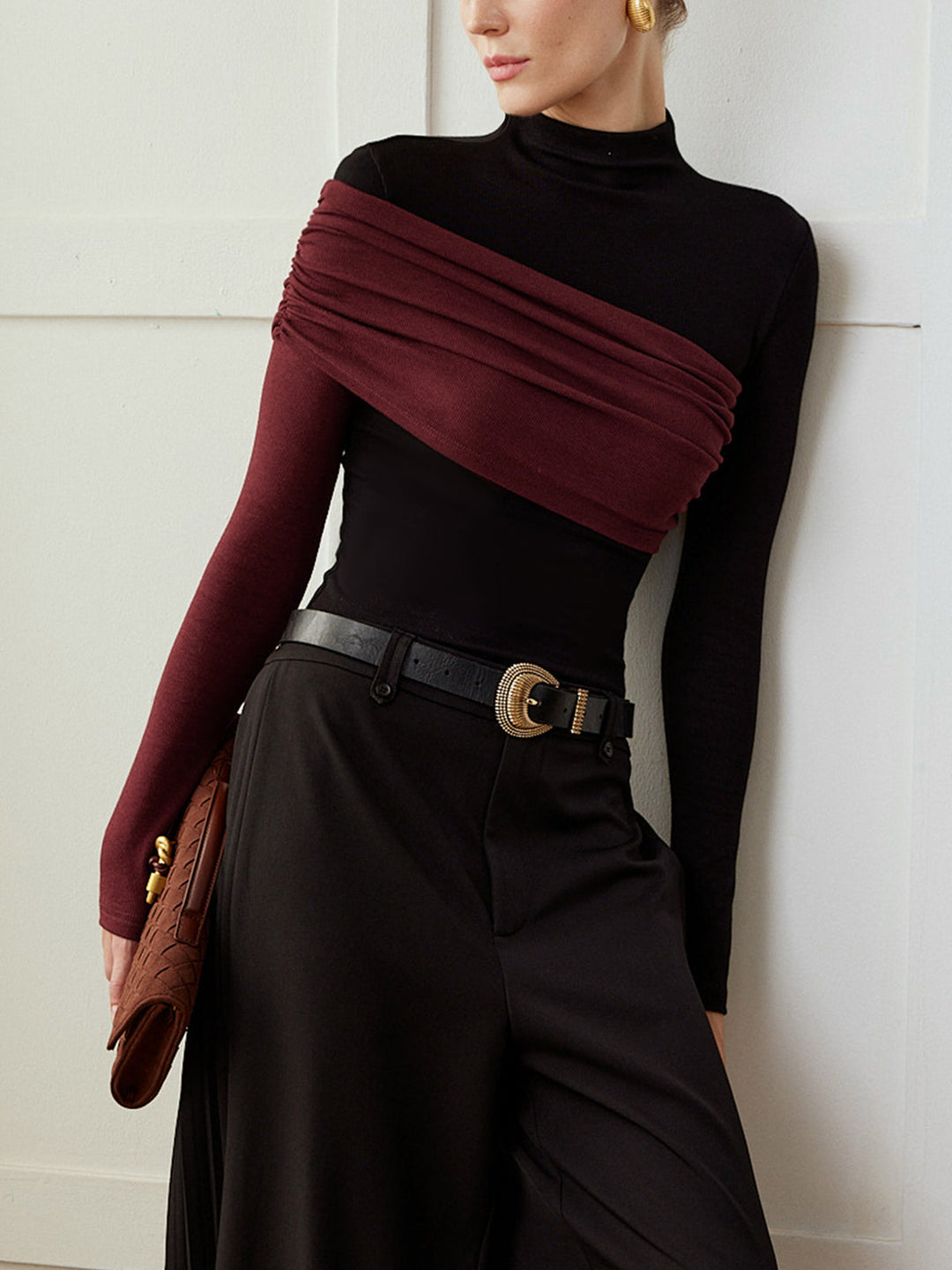 Top Col En Maille Plissée Coupe Ajustée Color Block