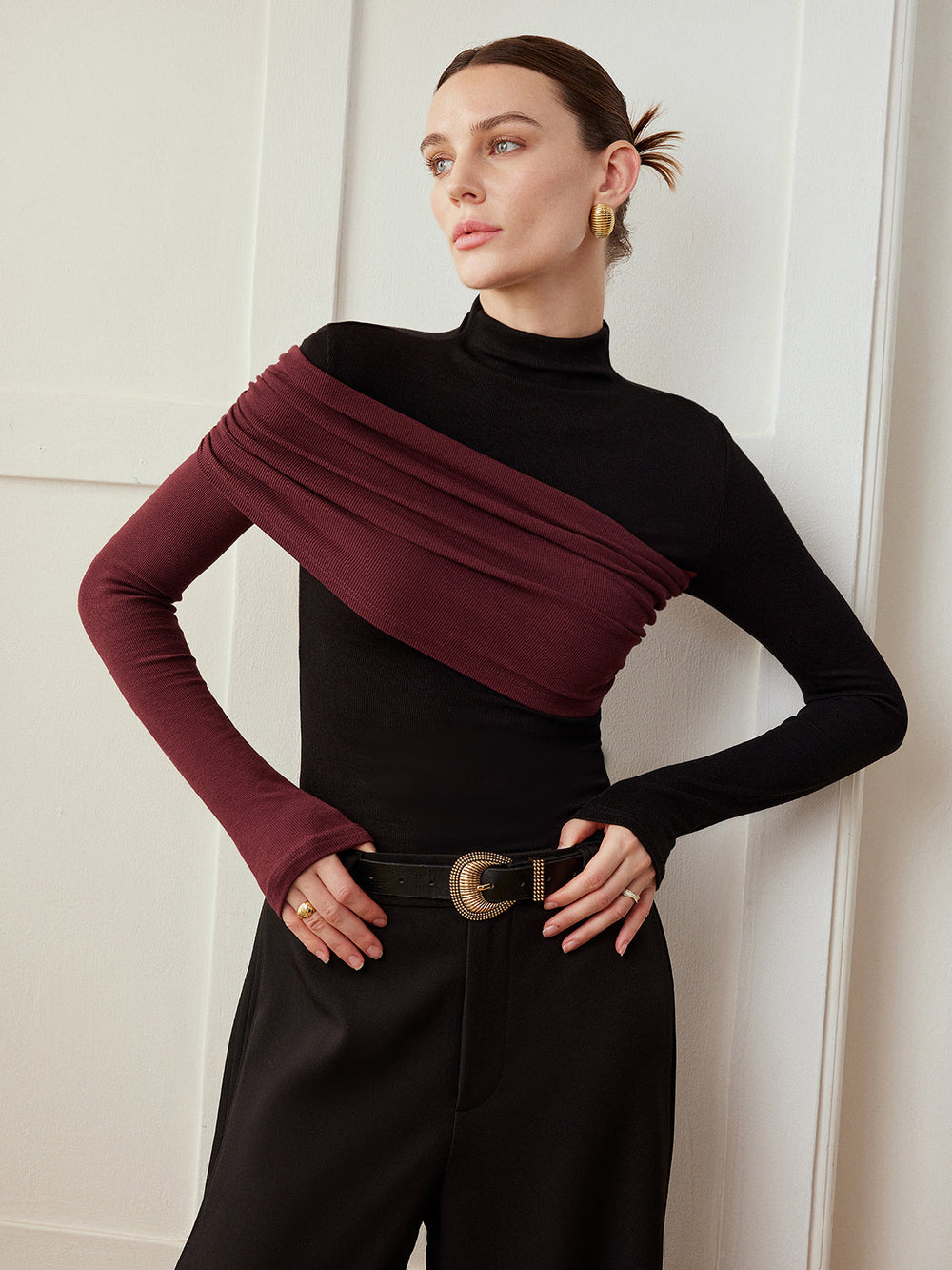 Top Col En Maille Plissée Coupe Ajustée Color Block