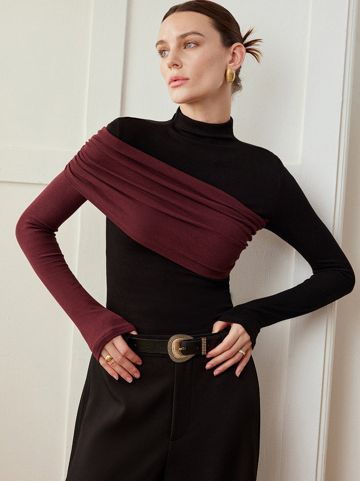 Top Col En Maille Plissée Coupe Ajustée Color Block