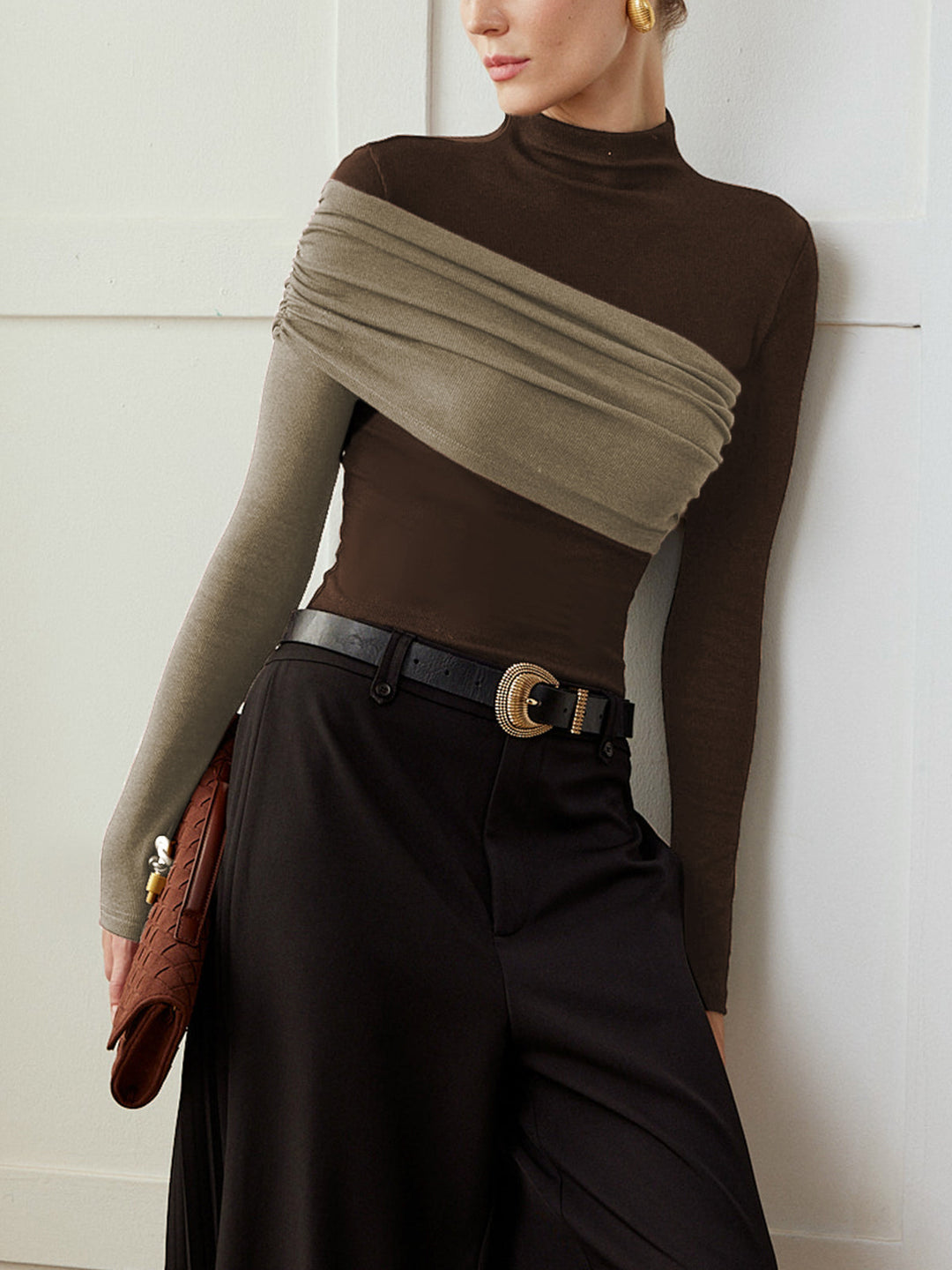 Top Col En Maille Plissée Coupe Ajustée Color Block