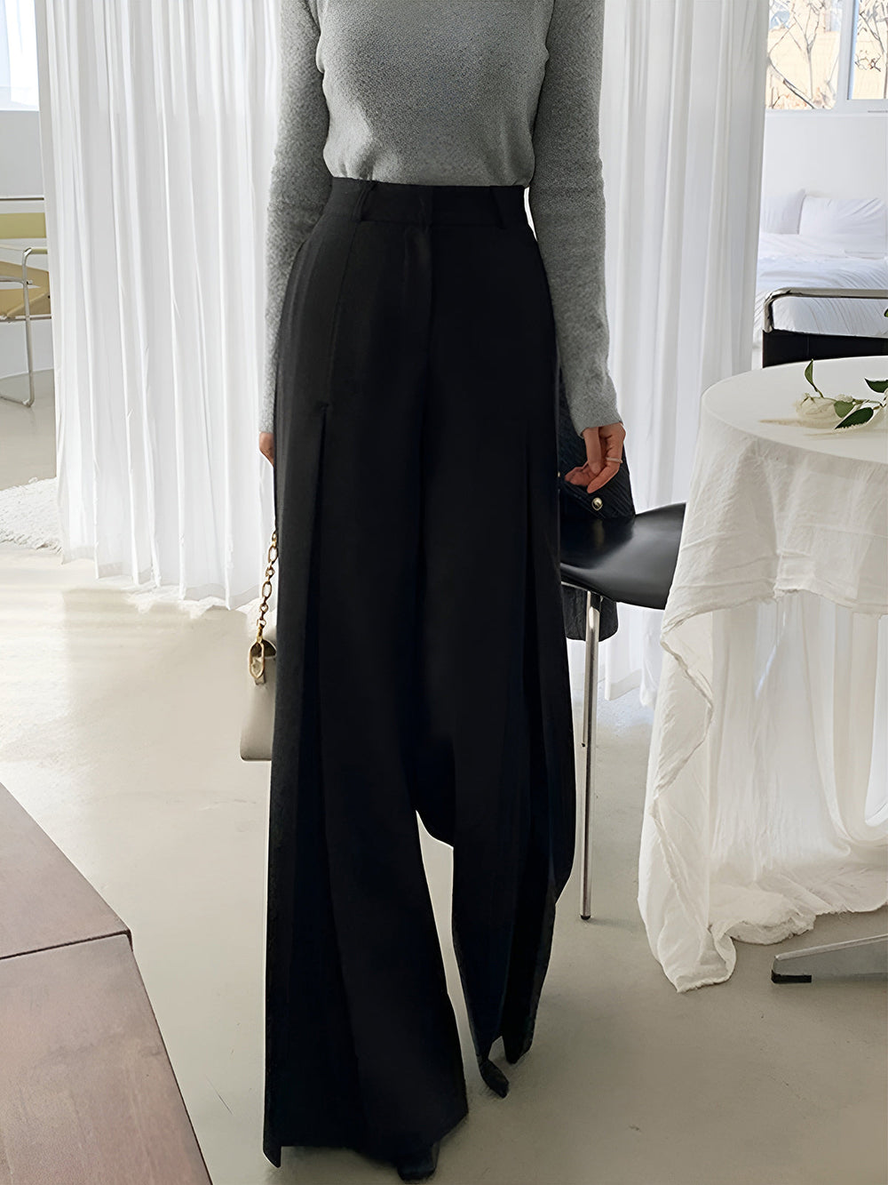 Pantalons Large Taille Haute Plissés