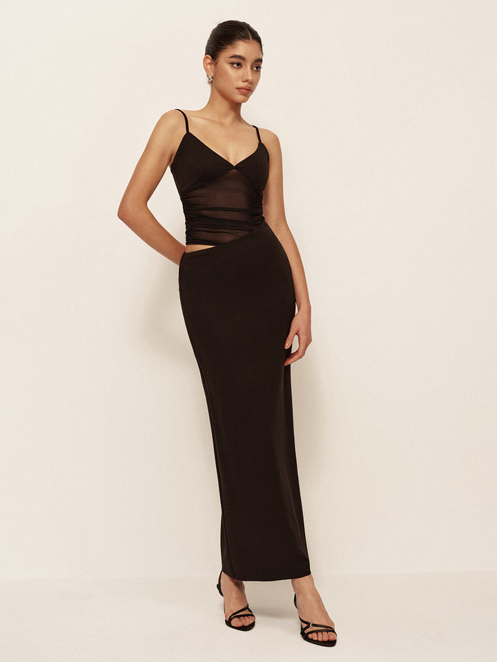 Robe asymétrique froncée à col en V semi-transparente