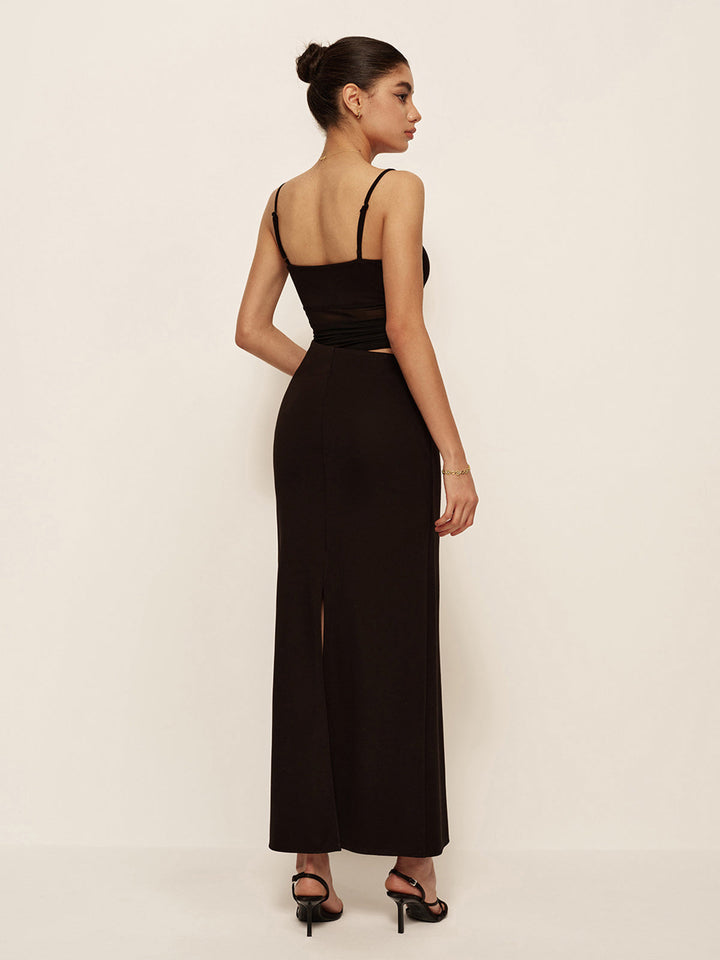 Robe asymétrique froncée à col en V semi-transparente