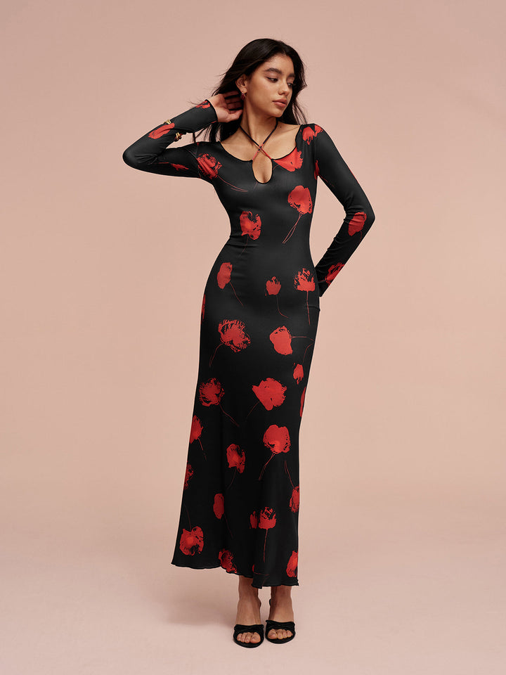 Robe Longue Fleurie à Col Festonné