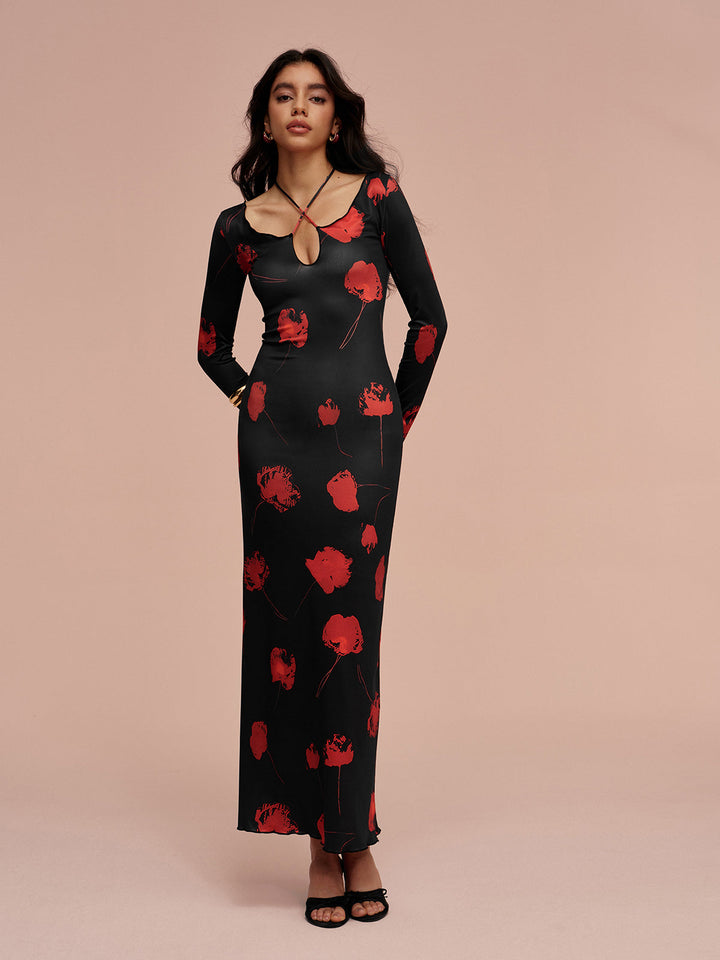Robe Longue Fleurie à Col Festonné
