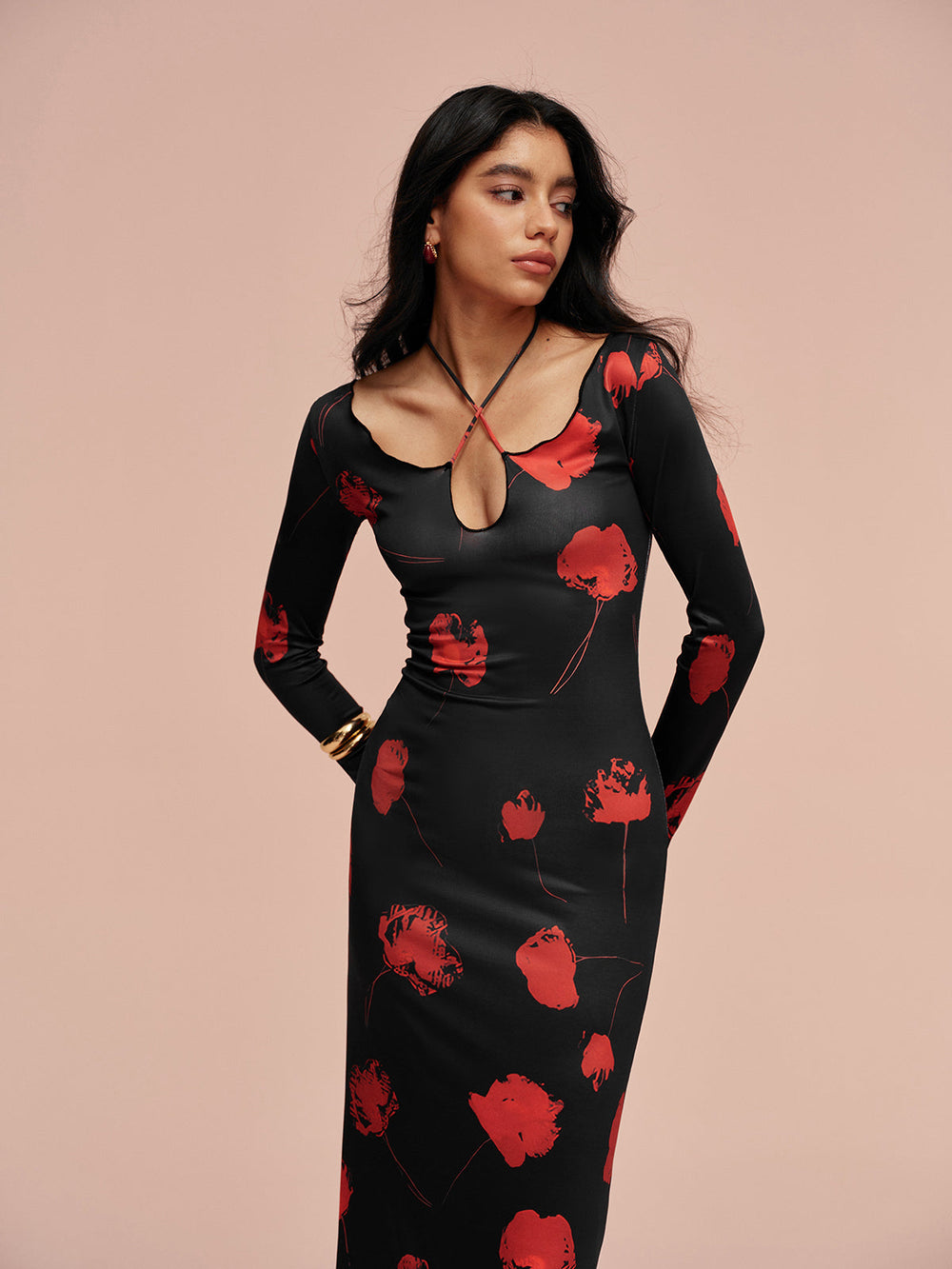 Robe Longue Fleurie à Col Festonné