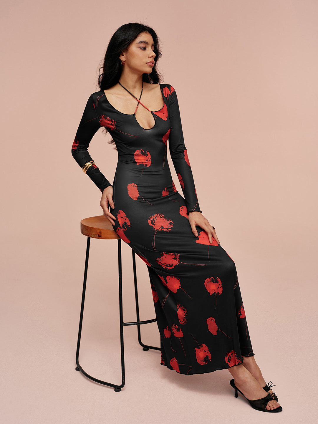 Robe Longue Fleurie à Col Festonné