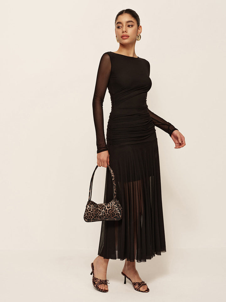 Robe Longue à Manches Longues et Fronces avec Ourlet Plissé