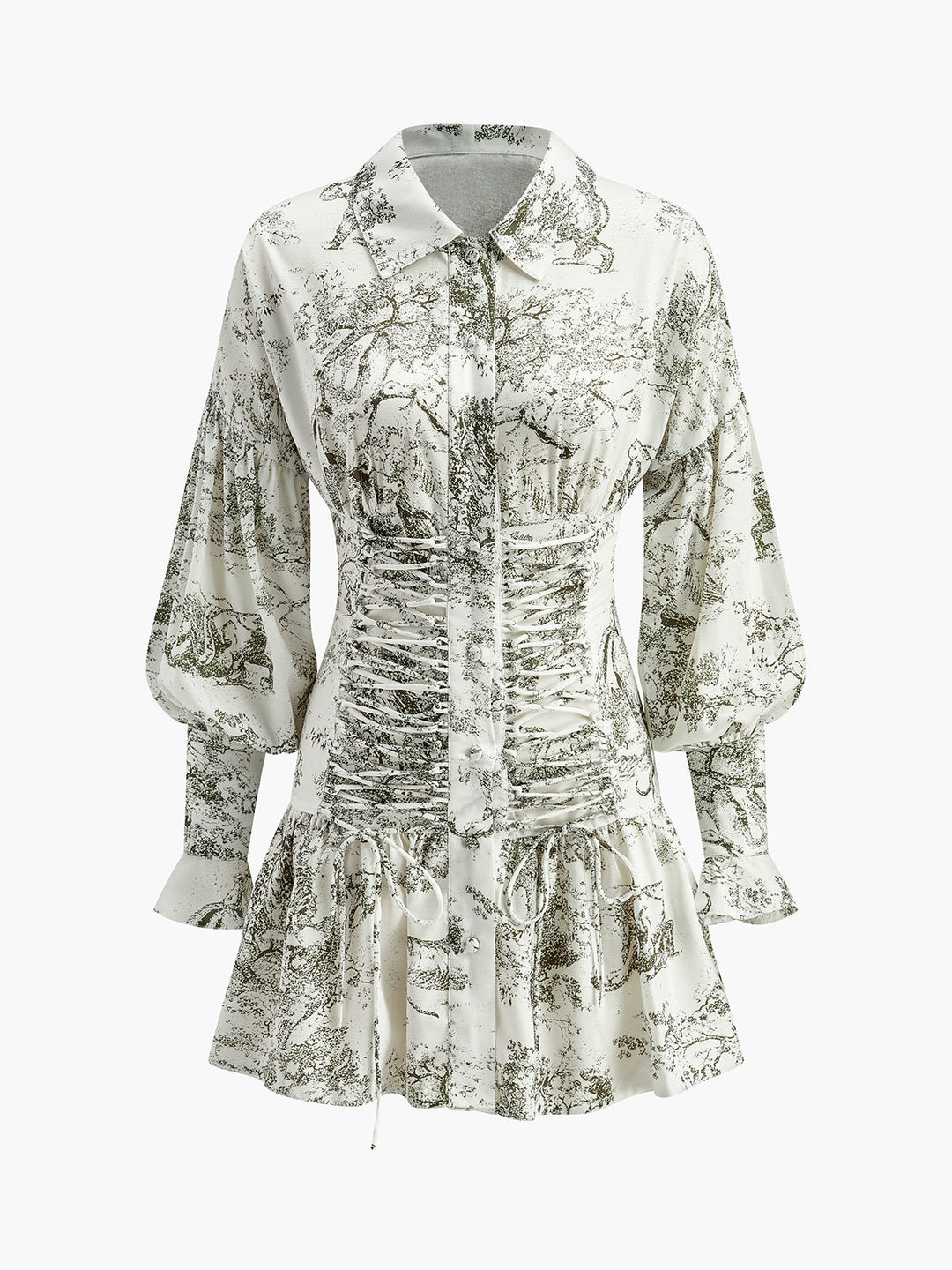 Robe à Manches Bouffantes Florales à Cordon