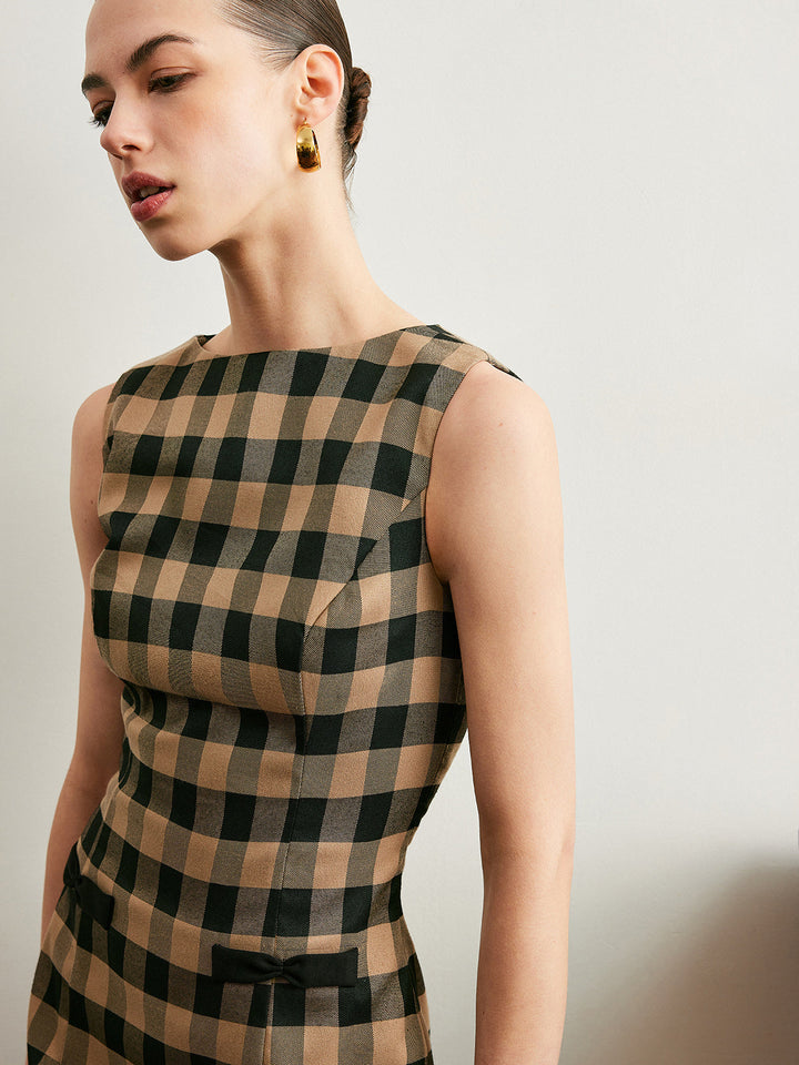 Robe sans manches à carreaux vintage avec nœud