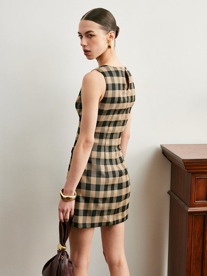 Robe sans manches à carreaux vintage avec nœud