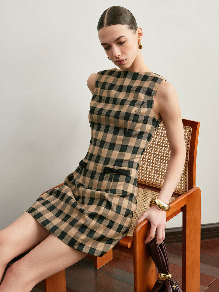 Robe sans manches à carreaux vintage avec nœud
