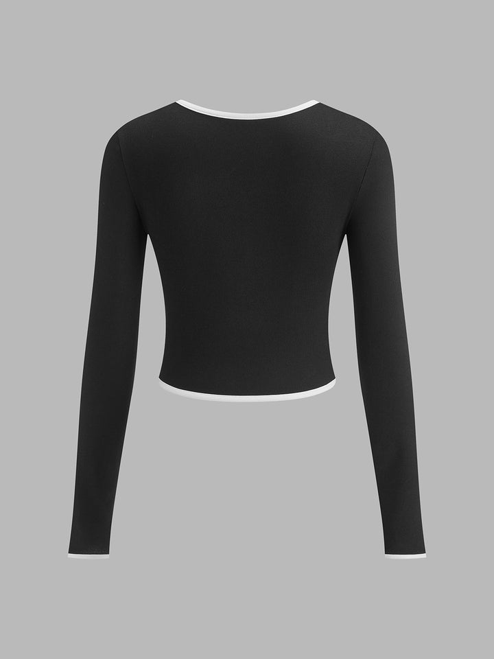Chemise en tricot à manches longues et col carré contrastant
