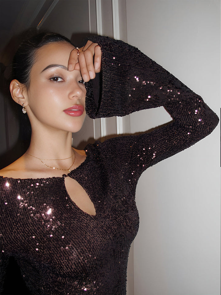 Robe à Paillettes Manches Évasées à Encolure Trou de Serrure