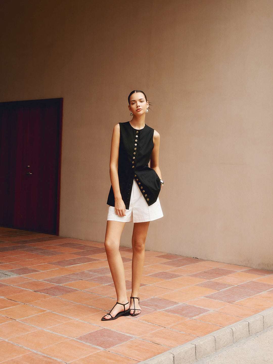 Gilet boutonné en coton et lin