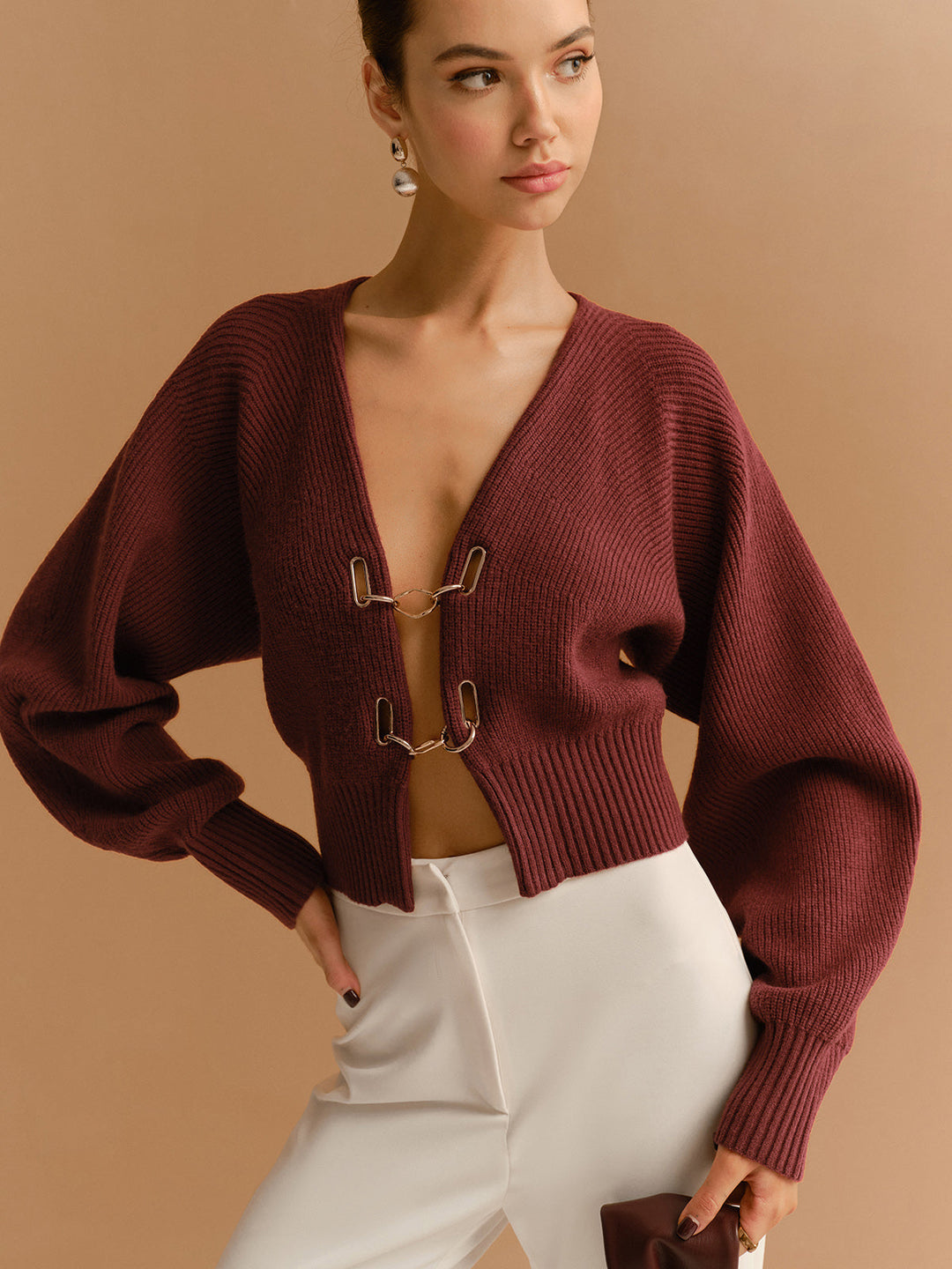 Cardigan Court à Manches Papillon avec Détails Métalliques