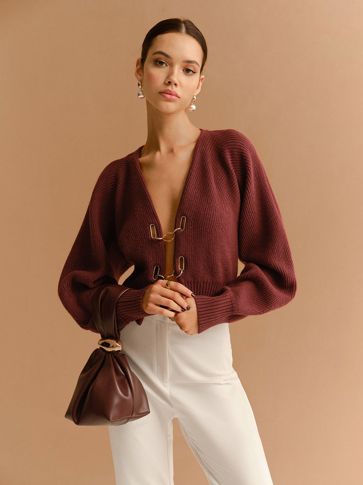 Cardigan Court à Manches Papillon avec Détails Métalliques