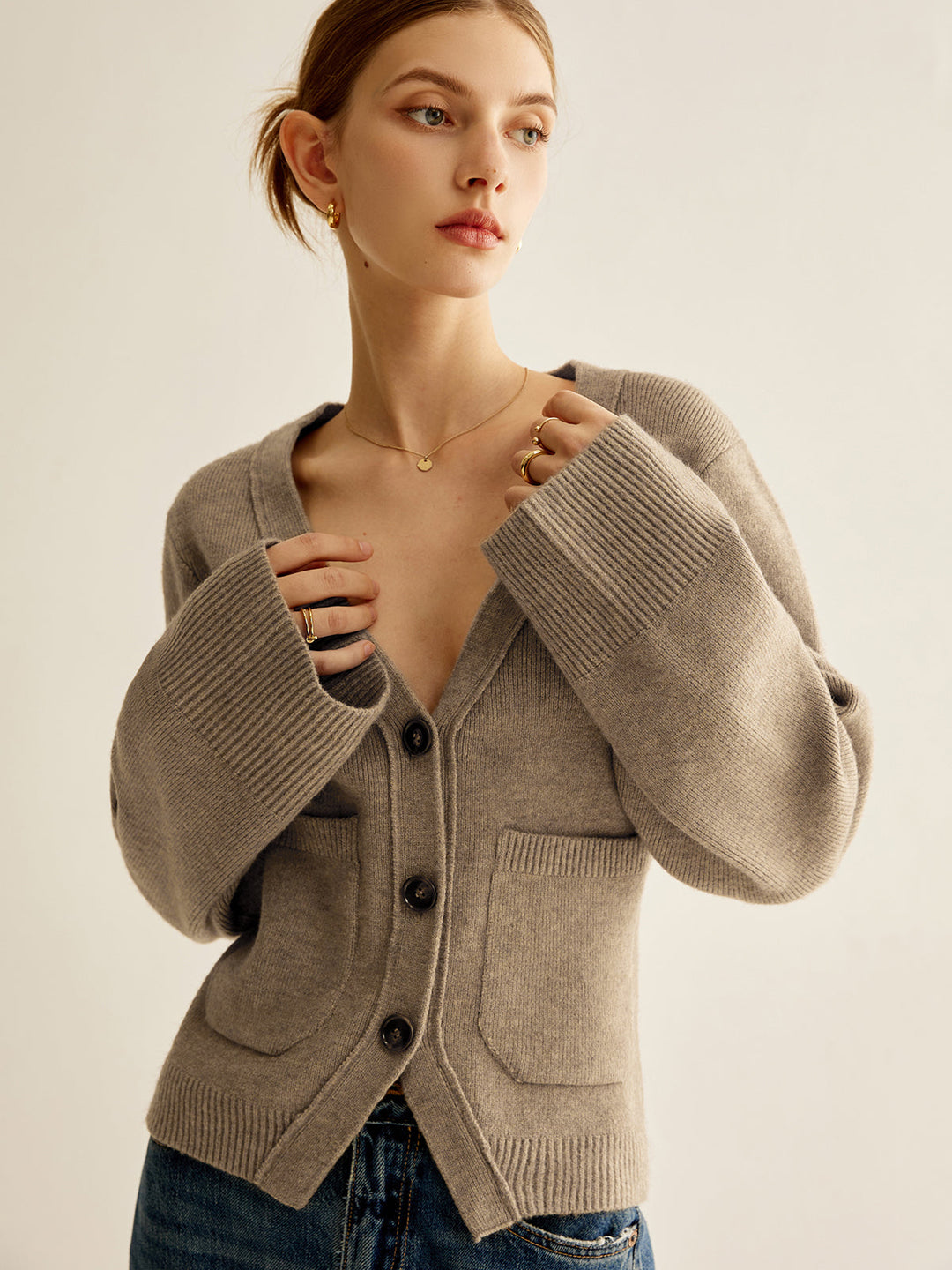Cardigan Boutonné à col en V et Fente