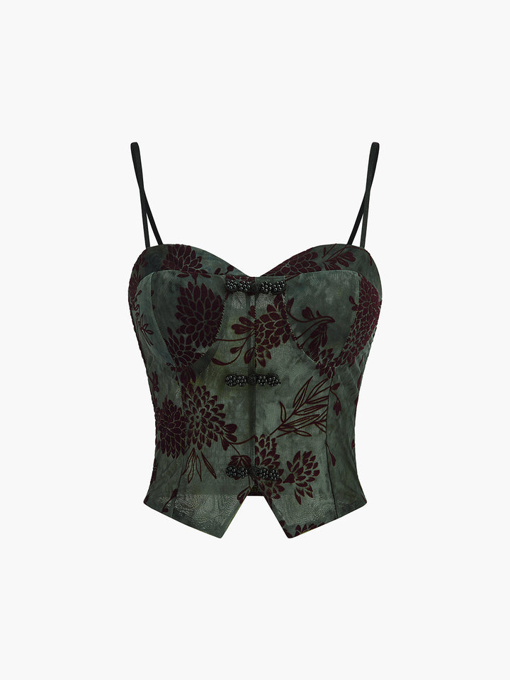 Haut Camisole Fleuri en Velours à Boutons Semi-Transparent