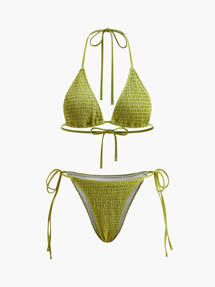 Bikini à smocks triangulaire avec bretelles à nouer