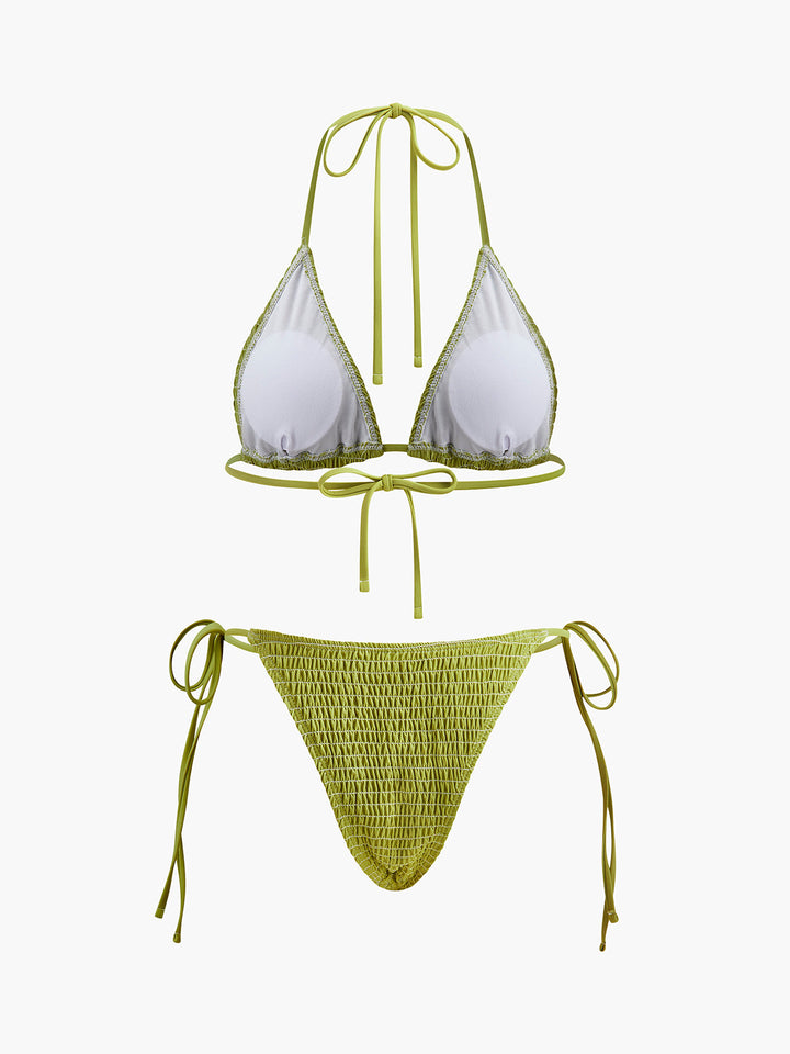 Bikini à smocks triangle avec bretelles à nouer