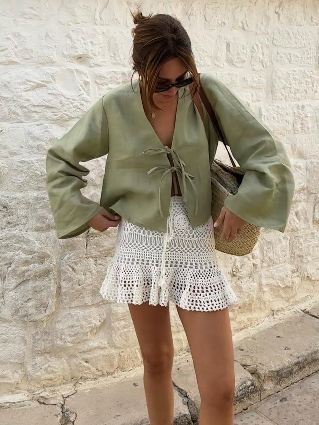Blouse Oversized à Manches Longues Nouées sur le devant