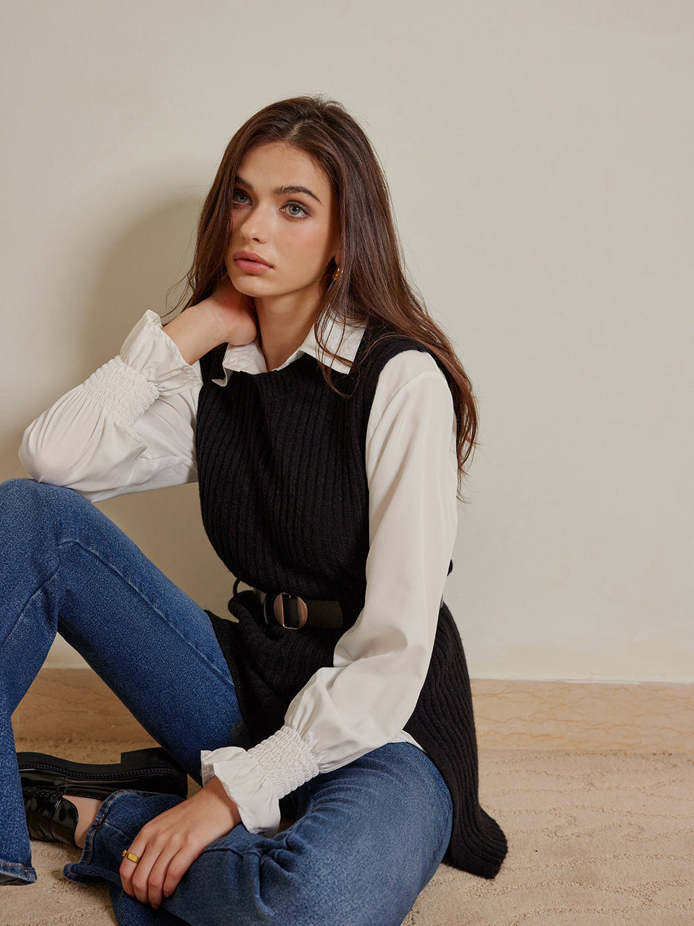 Ensemble Pull Ceinturé Deux Pièces avec Polo