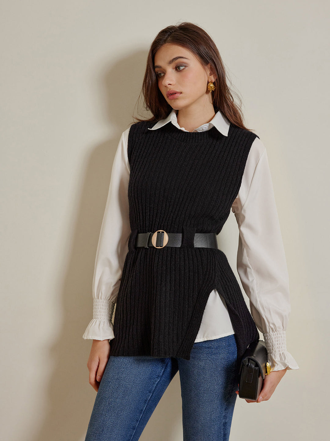 Ensemble Pull Ceinturé Deux Pièces avec Polo