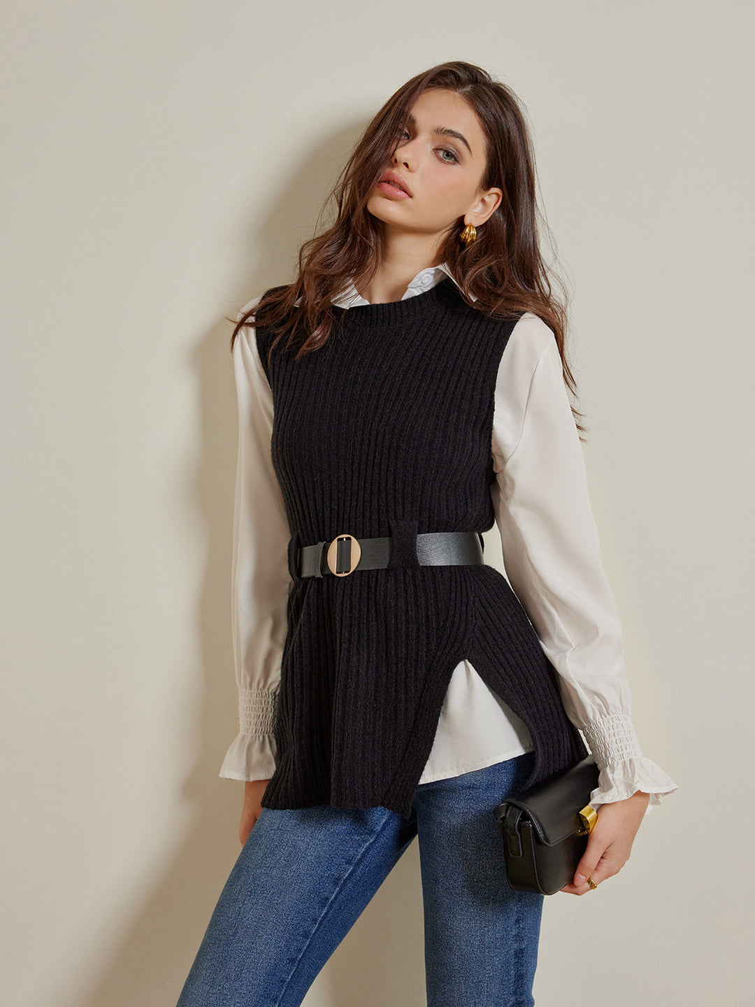 Ensemble Pull Ceinturé Deux Pièces avec Polo