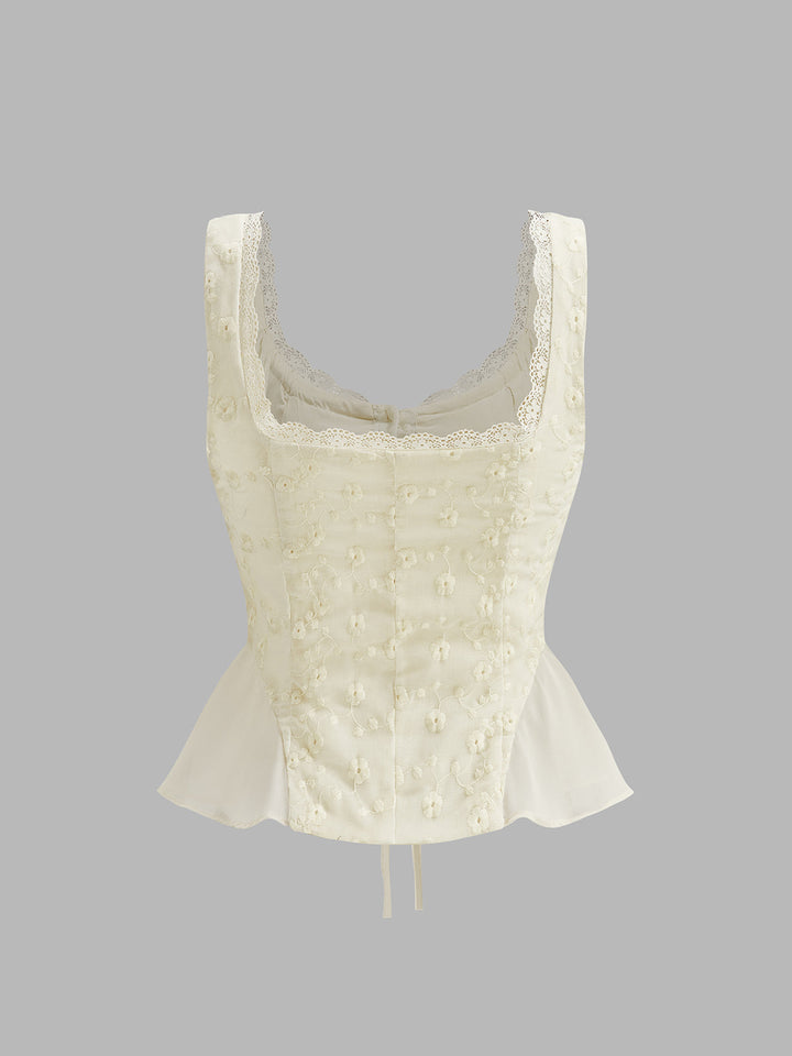 Top Peplum Fleuri Ruché à Bordure en Dentelle