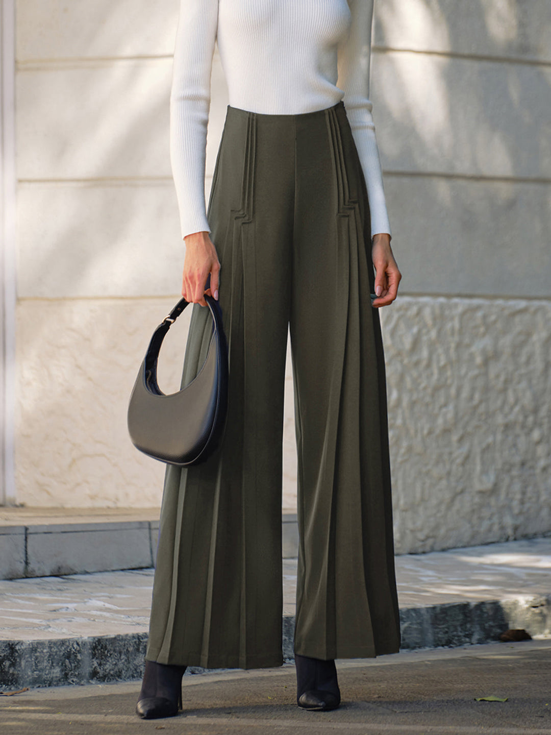 Pantalons Amples Taille Haute Plissés