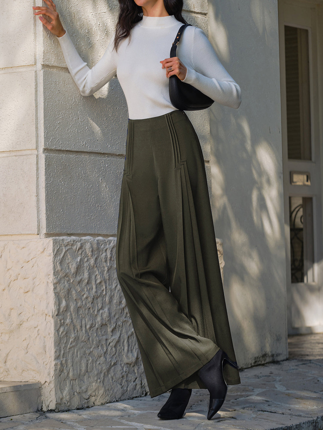 Pantalons Amples Taille Haute Plissés