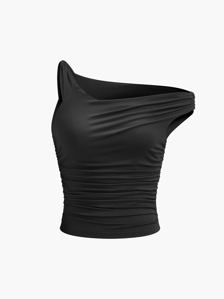 T-Shirt Plissé à Col Asymétrique