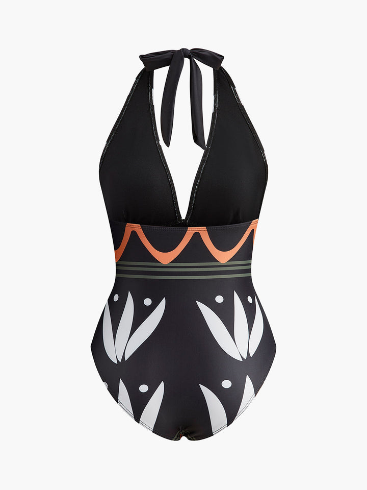 Maillot de bain une pièce à col bénitier avec imprimé géométrique