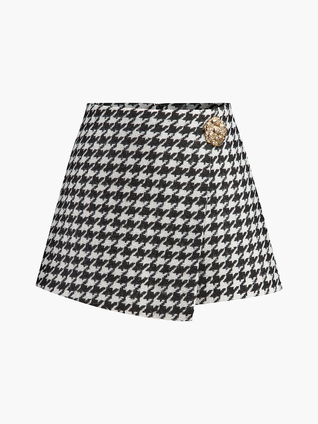 Shorts à Boutons Métalliques à Motif Pied-de-Poule Taille Haute