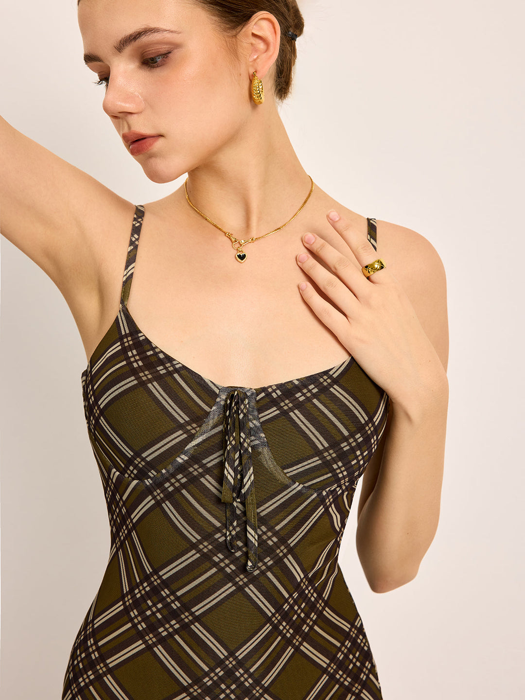 Robe à bretelles nouée imprimée Plaid