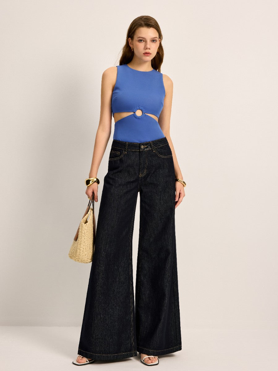 Pantalon Large Taille Haute en Denim