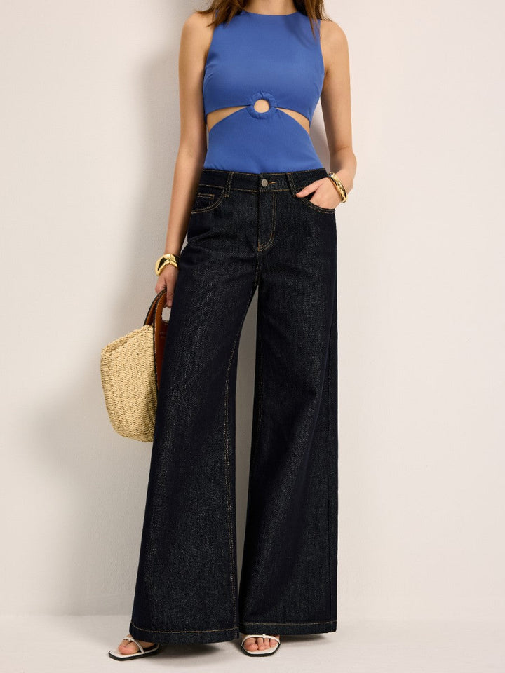 Pantalon Large Taille Haute en Denim
