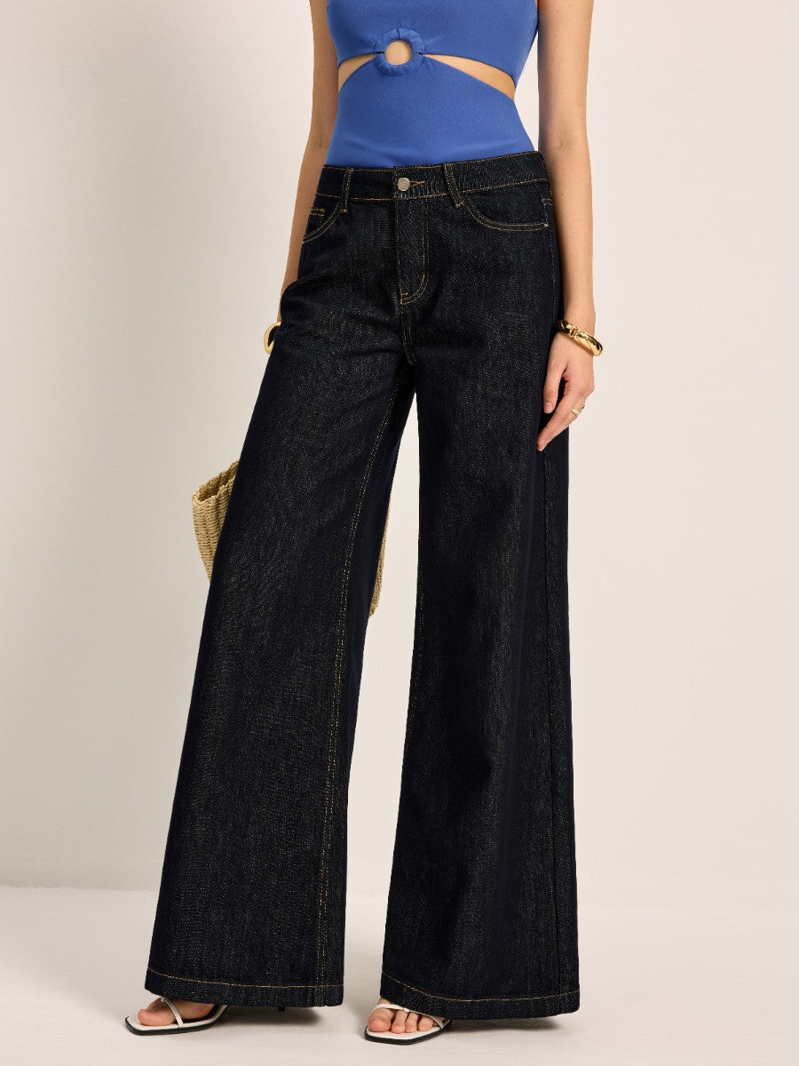 Pantalon Large Taille Haute en Denim