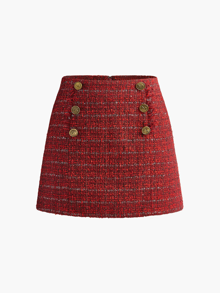 Jupe Courte Tweed Taille Mi-Haute avec Fermeture Éclair