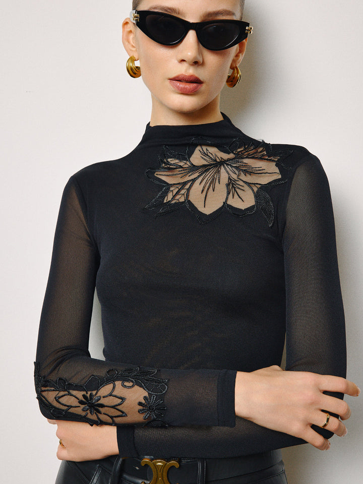 Haut Ajusté Semi-Transparent en Maille Florale