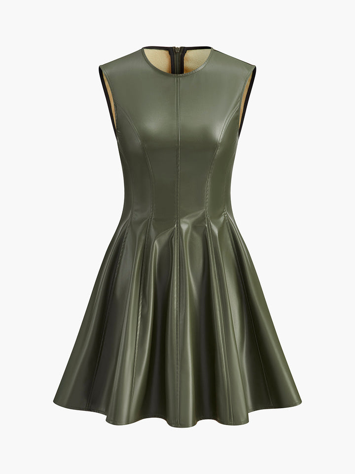 Robe Courte Sans Manches en Similicuir Plissé