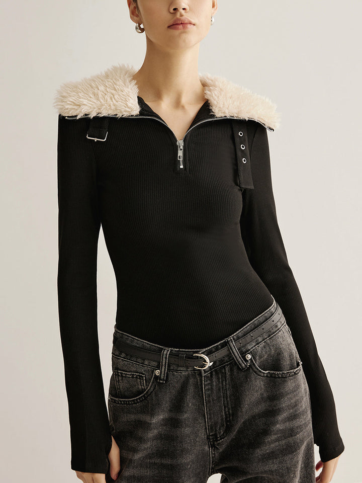 Blouse à fermeture éclair avec ceinture et col fantaisie