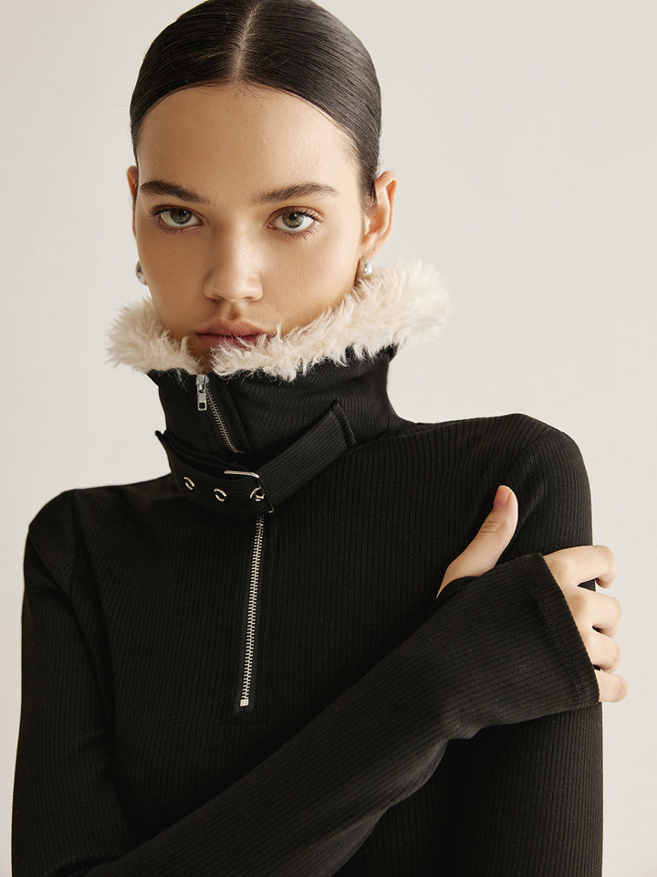 Blouse à fermeture éclair avec ceinture et col fantaisie